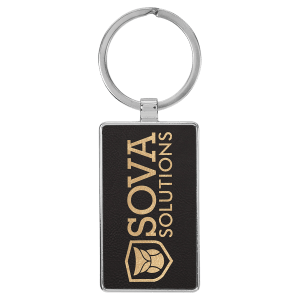 2 3/4" x 1 1/4" Laserable Leatherette/Metal Black/Gold Rectangle Keychain