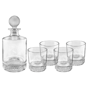 Polar Camel 850mL Round Golf Glass Decanter Set with Four 9 oz. Golf Rocks Glasses in Black Gift Box with Printed Paper Sleeve