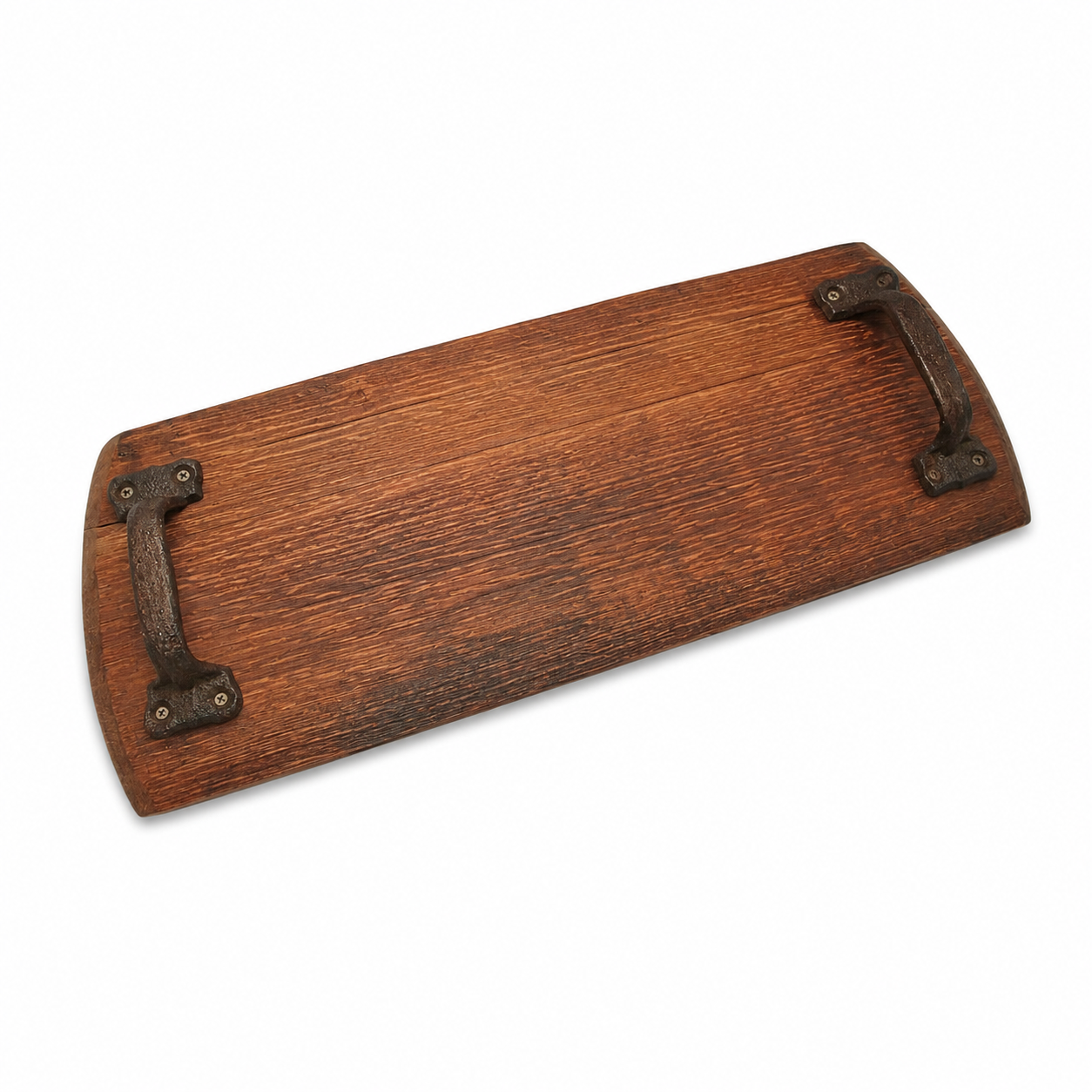 Blank reclaimed wine barrel cheese board with metal handles