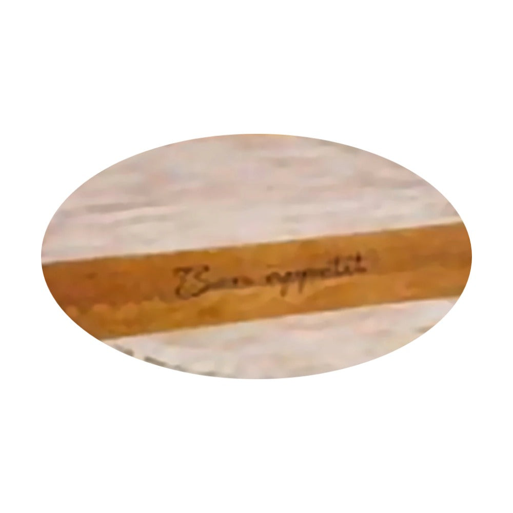 Whitewashed wine barrel head lazy susan with Bon Appetit engraving on white background